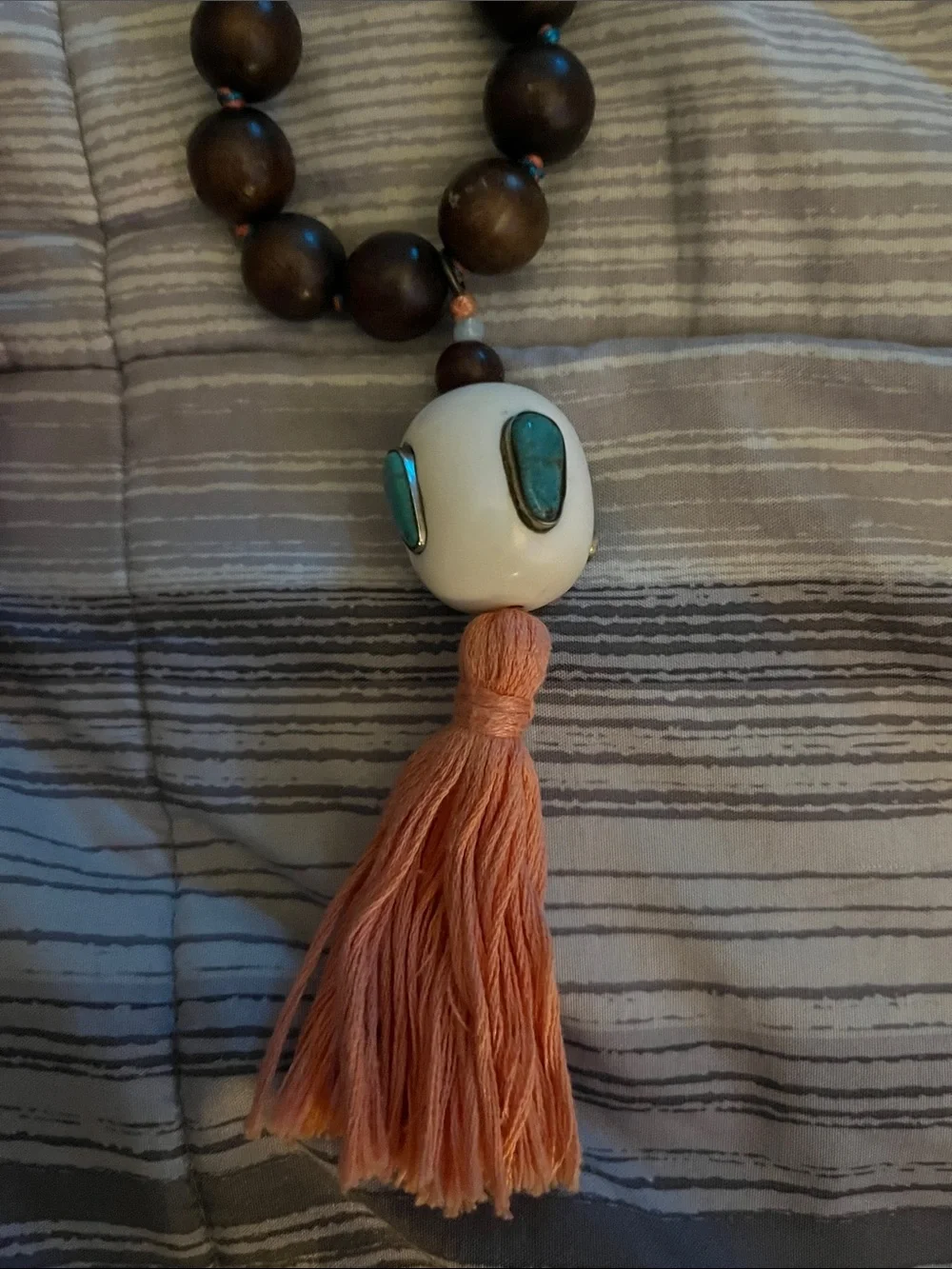 Beaded Wood Prayer Necklace with Coral Tassel